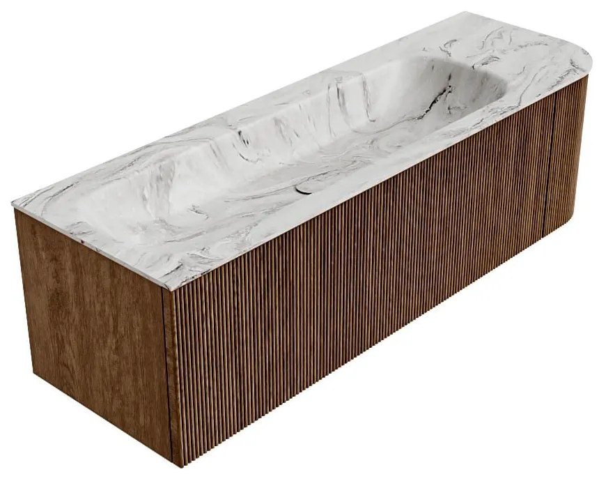 Mondiaz Kurve-dlux 145cm badmeubel ronding rechts walnut met 1 lade en deur en wastafel big large links 2 kraangaten glace