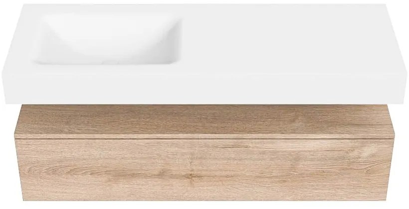 Zaro Alan badmeubel 130cm washed oak 1 lade met vrijhangende wastafel cloud links 1 kraangat talc