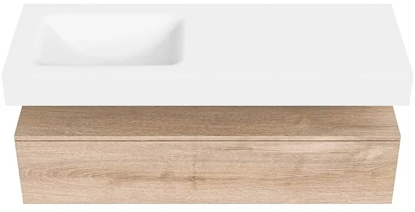 Zaro Alan badmeubel 130cm washed oak 1 lade met vrijhangende wastafel cloud links 1 kraangat talc