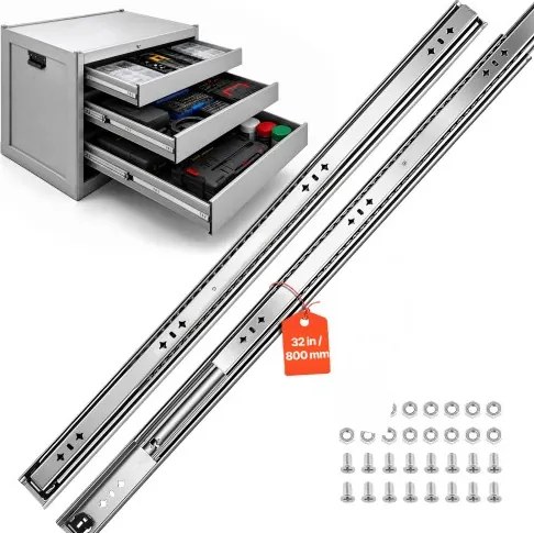 VEVOR 1 paar ladegeleiders, 80 cm uitschuifbaar met een draagvermogen van 120 kg, zijdelings gemonteerde ladegeleiders voor kasten, volledig uitschuifbaar, 3-delig, koolstofstaal, kogellagers, inclusief moeren en bouten.