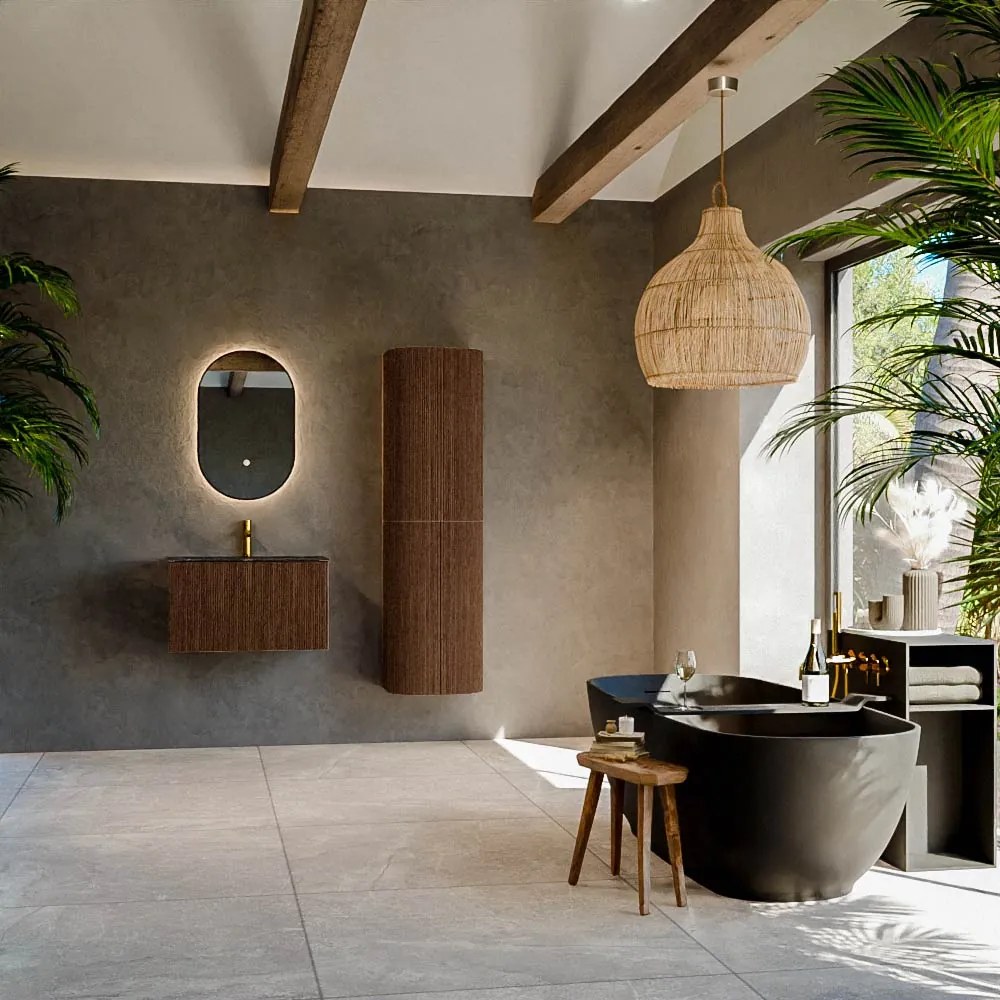 Mondiaz Kurve-dlux 70cm badmeubel walnut met 1 lade en wastafel big small midden 1 kraangat lava