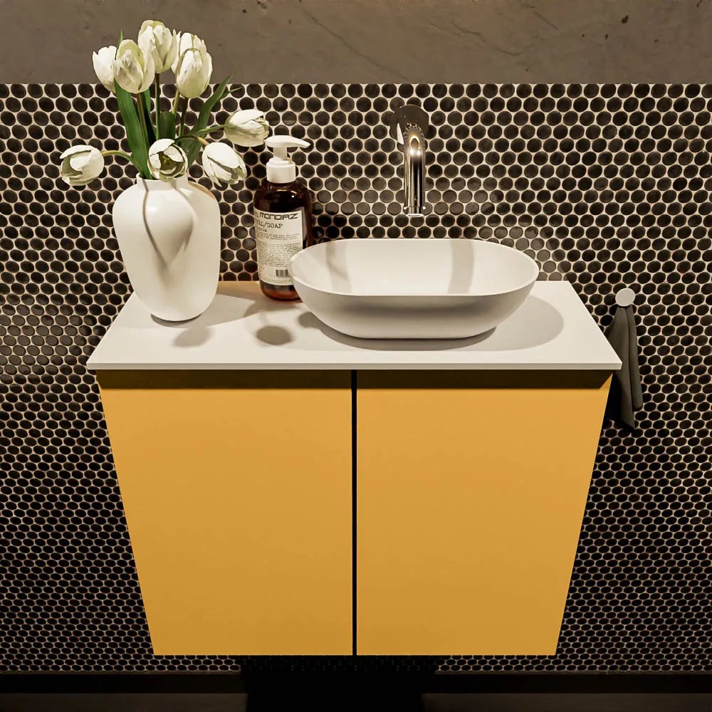 Mondiaz Fowy toiletmeubel 60cm ocher met witte waskom rechts zonder kraangat