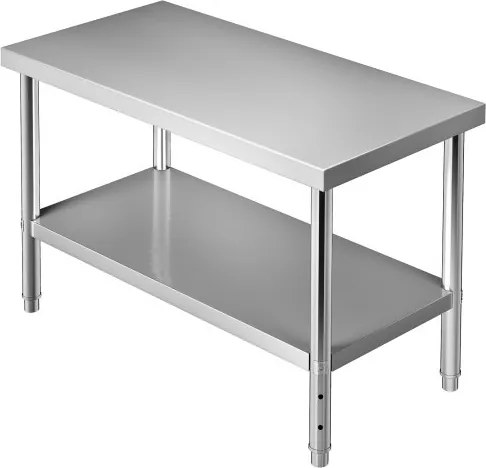 VEVOR Commerciële roestvrijstalen tafel 122 x 61 x 86 cm, roestvrijstalen werktafel met twee lagen, snijtafel gastro 150 kg + 100 kg draagvermogen, commerciële keukentafel, in hoogte verstelbare voorbereidingstafel