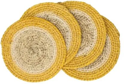 Onderzetters naturel, zeegras, geel, set van 4, Ø11 cm