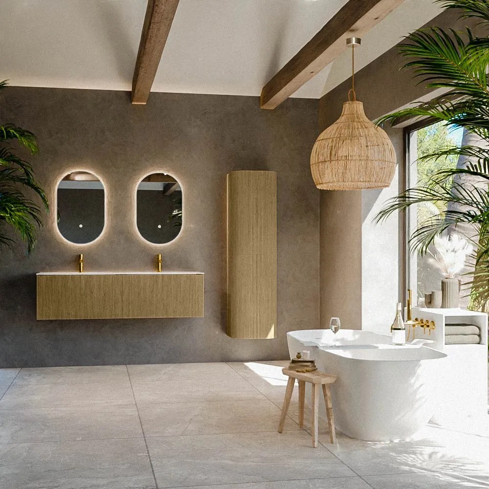 Mondiaz Kurve 150cm badmeubel dusk met 2 lades en wastafel big small dubbel 2 kraangaten