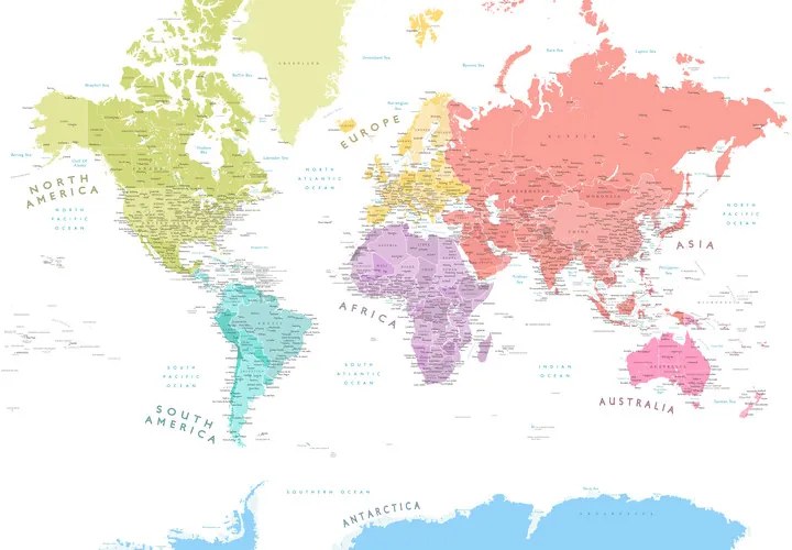 Kaart Detailed world map with continents in pastels, Blursbyai