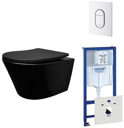 Wiesbaden Vesta toiletset spoelrandloos 52cm mat zwart Grohe inbouwreservoir softclose en quickrelease toiletzitting met bedieningsplaat wit SW228315/0729205/0729242