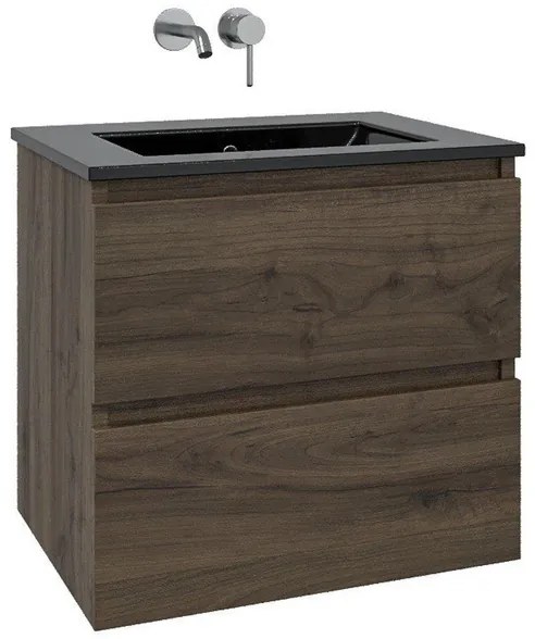 Adema Chaci Badkamermeubelset - 80x46x55cm - 1 keramische wasbak zwart - zonder kraangat - 2 lades - noten (hout) SW1212764/SW773931