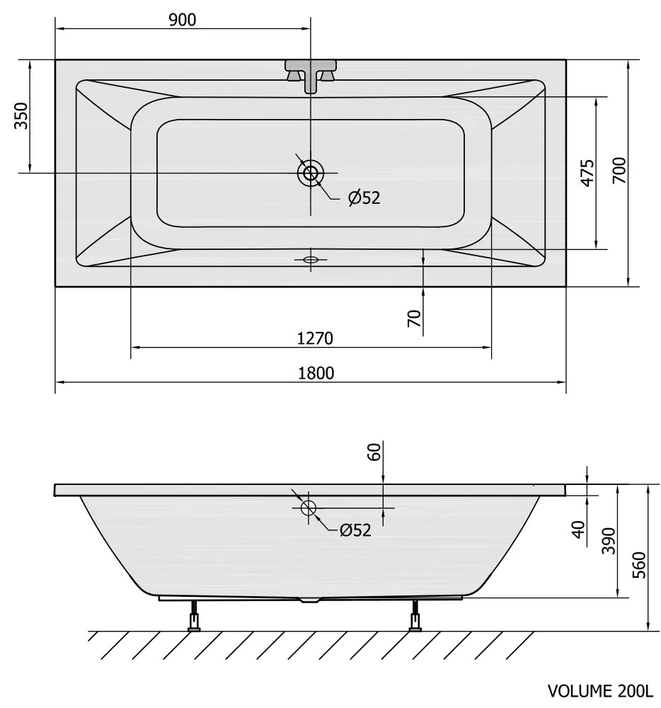 Polysan Krysta ligbad 180x70x39cm wit glans