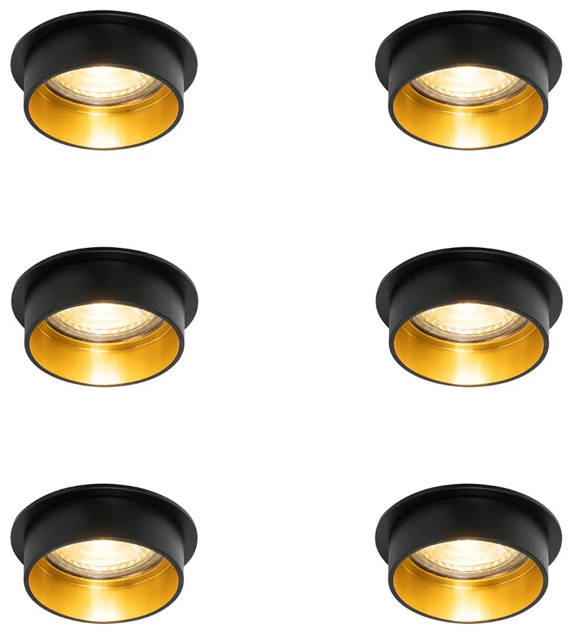 Set van 6 Moderne inbouwspot zwart met gouden binnenkant - Insta