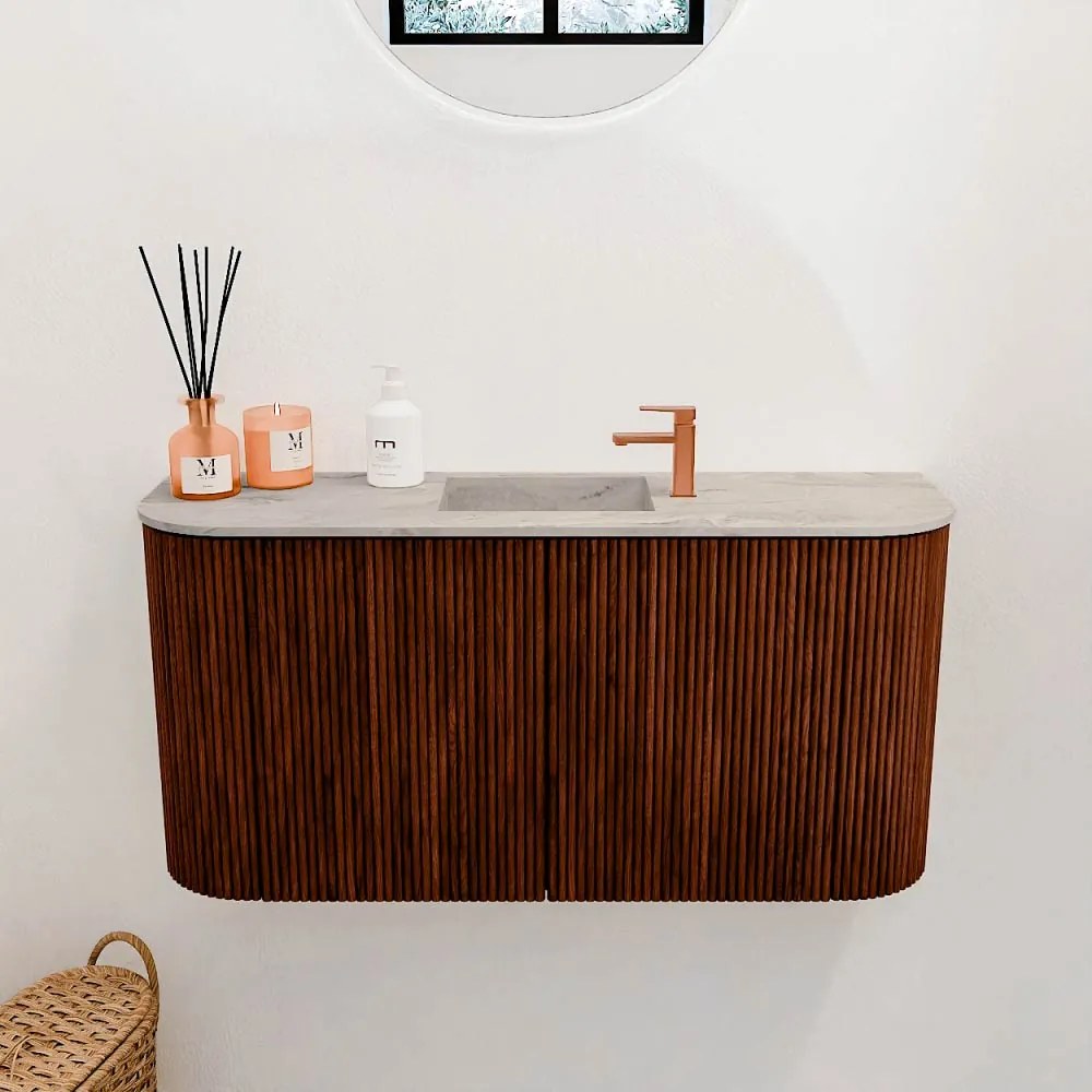 Mondiaz Joya DLux 85cm toiletmeubel ronding links/rechts ruby met wastafel faye midden 1 kraangat glace