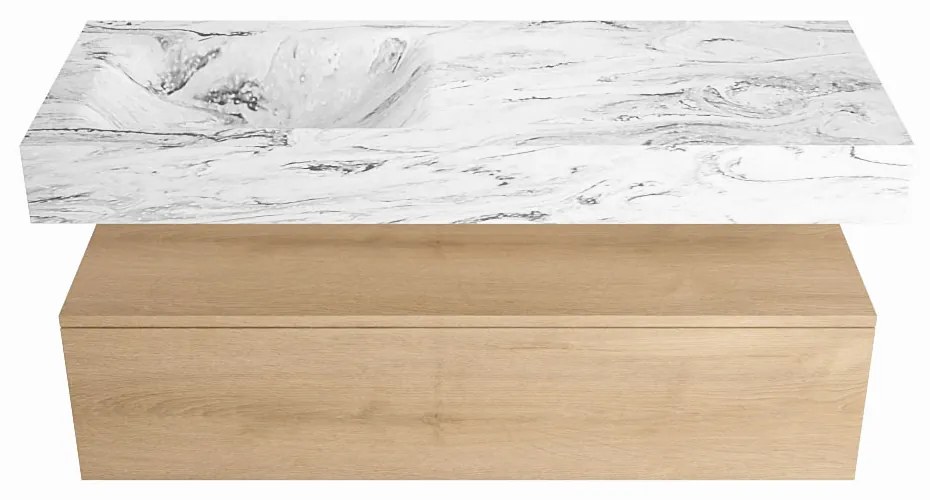 Mondiaz Alan DLux badmeubel 120cm washed oak 1 lade met wastafel glace links 1 kraangat