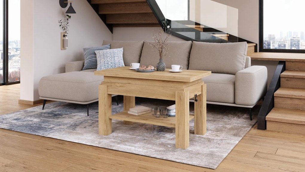 BRAVO goud eiken – uitschuifbare en in hoogte verstelbare salontafel, tafel met plank