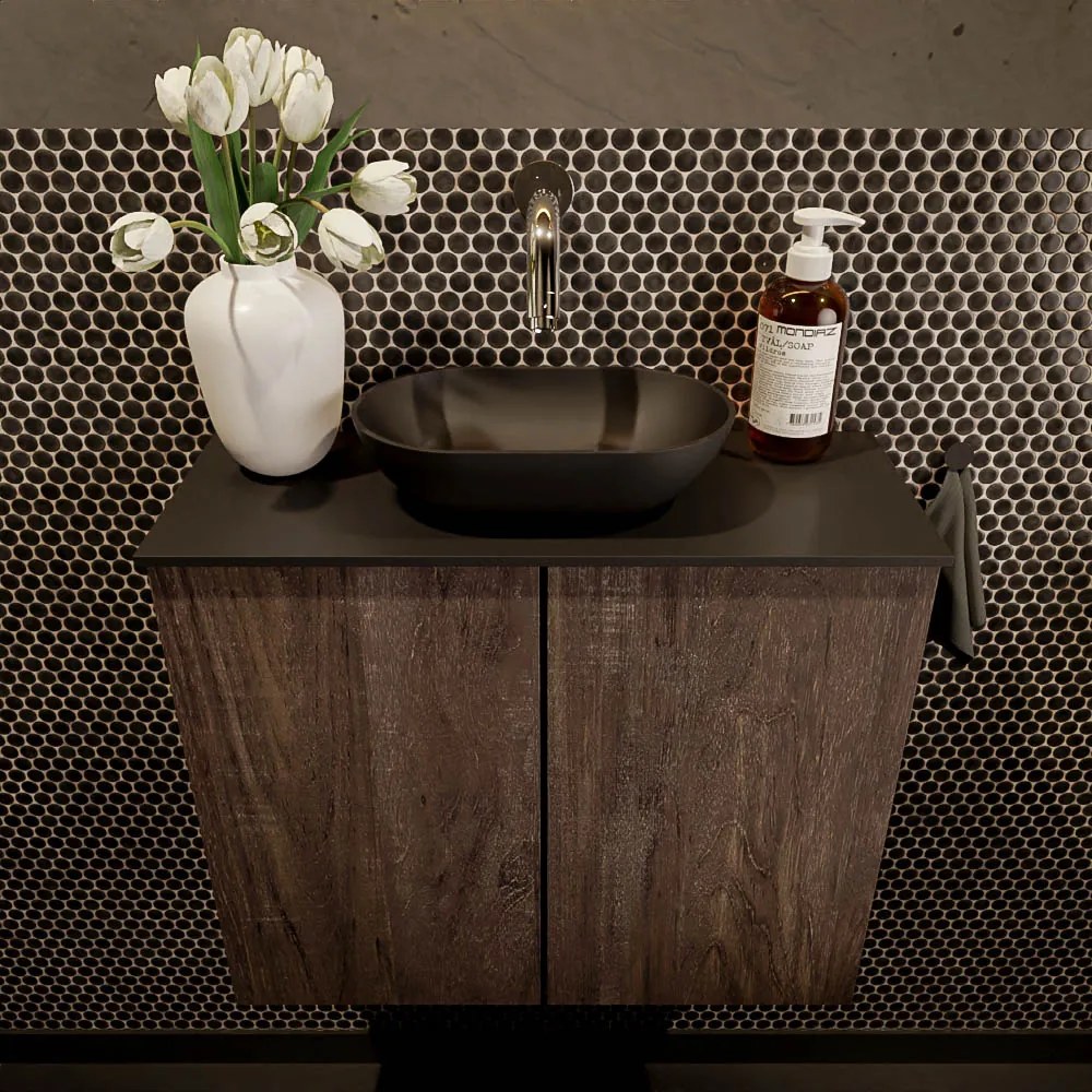 Mondiaz Fowy toiletmeubel 60cm dark brown met zwarte waskom midden zonder kraangat