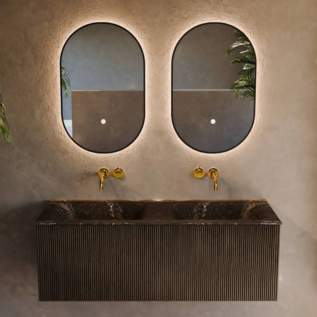 Mondiaz Kurve-dlux 120cm badmeubel shadow met 1 lade en wastafel leaf dubbel zonder kraangat lava