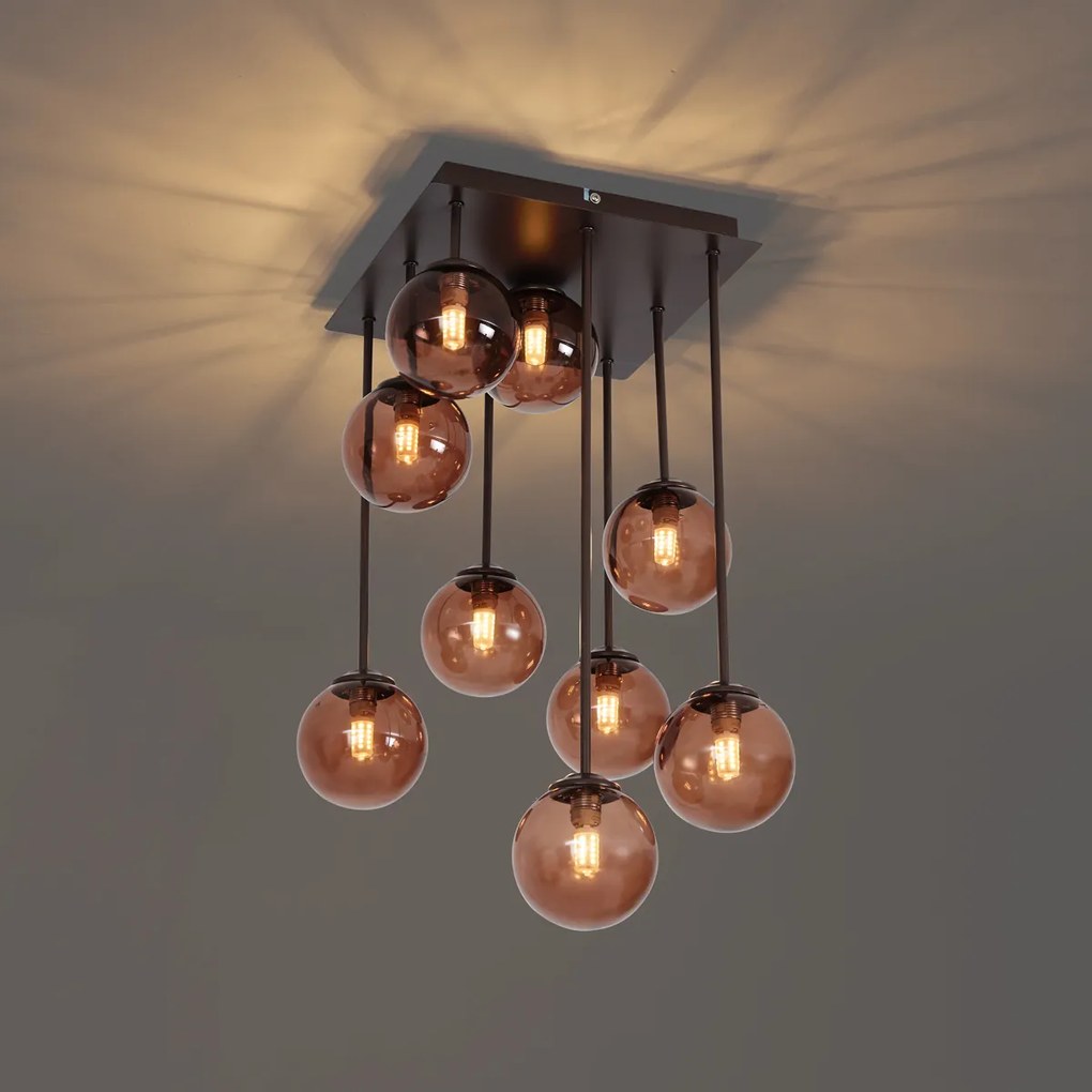 Design plafondlamp brons met brons glas 9-lichts - Athens