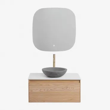 Tedrik Zwevend Badkamermeubelset 80x50 Cm In Essenhout Ash Brown & Rond Grijs Cement Ø40 Cm Tarsis & Vierkant Led En Anticondens 75x75 Cm Riben -