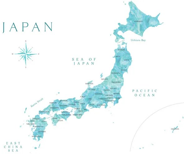 Kaart Map of Japan in aquamarine watercolor, Blursbyai