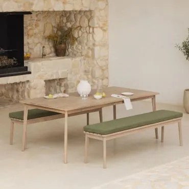 Rechthoekige Tafelset 180x90 Cm En 2 Tuinbanken Van Acaciahout Kaela Lichte Acaciekleur & Bouclé Saliegroen - Sklum