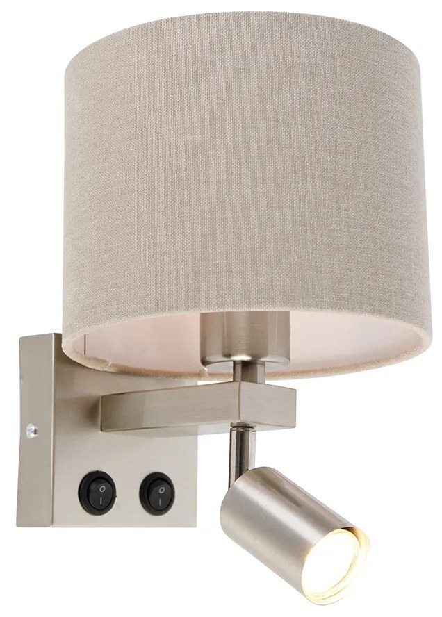 Wandlamp staal met leeslamp en kap 18 cm lichtbruin - Brescia