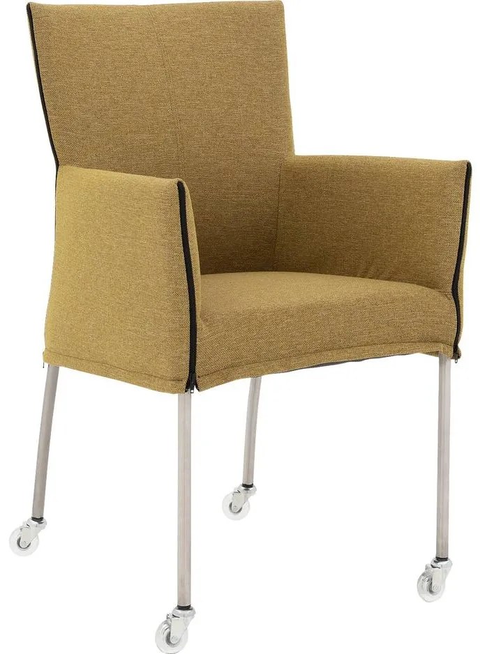 Goossens Eetkamerstoel Funk RVS Poten groen stof met armleuning en Transparant skater wiel met rvs kapmet wielen, modern design