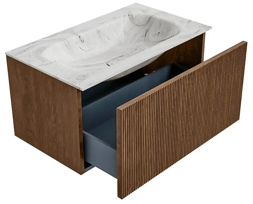 Mondiaz Kurve-dlux 80cm badmeubel walnut met 1 lade en wastafel big small midden zonder kraangat glace