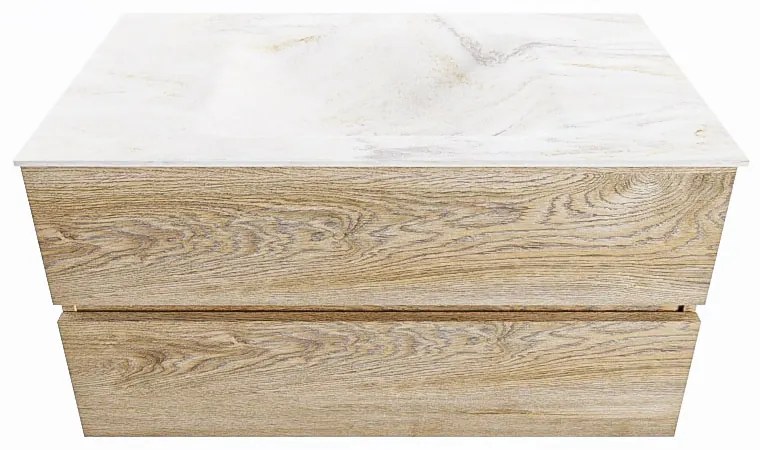 Mondiaz Vica DLux badmeubel 90cm washed oak 2 lades met wastafel ostra midden 1 kraangat