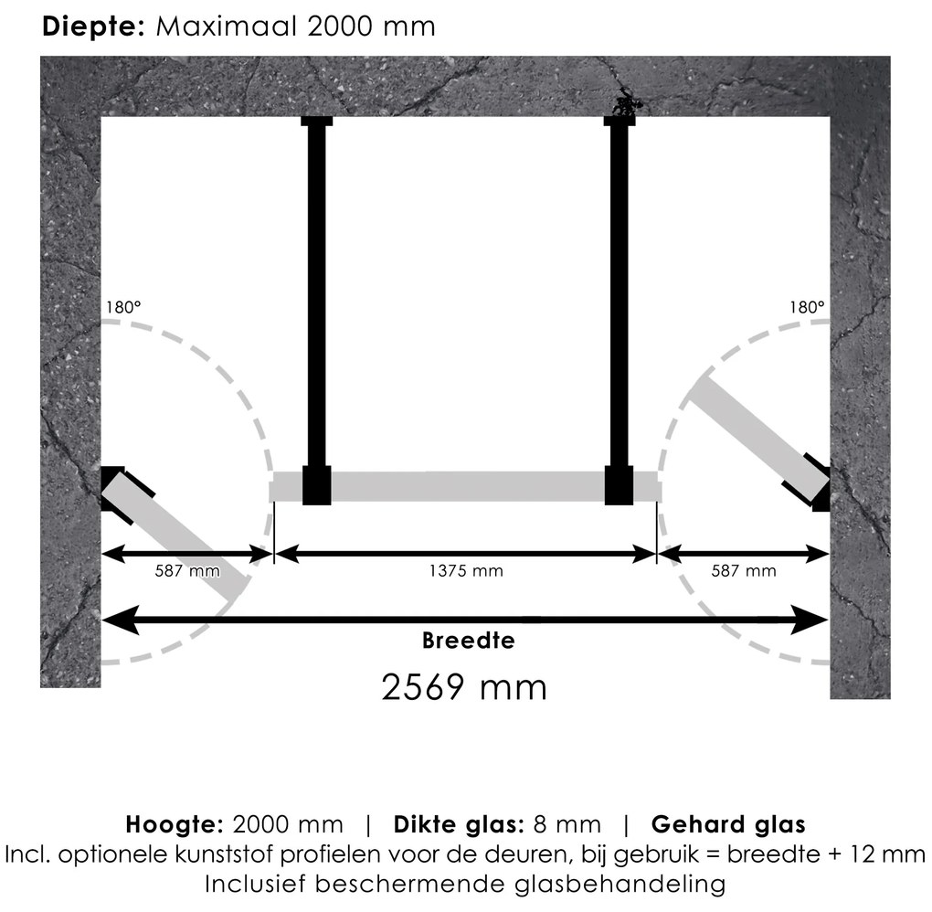 Brauer JC profielloze niscabine XL 260x200cm met 60cm deuren gunmetal geborsteld