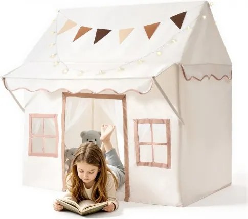 VEVOR Speelhuisje Kindertent 2-in-1 Bedtent 1300x900x1350 mm Beige, Meubels voor Peuters, met Dak, Gewatteerde Mat, Sterrenlampjes, Draagtas, Vlag, Deurtjes & Ventilerende Ramen