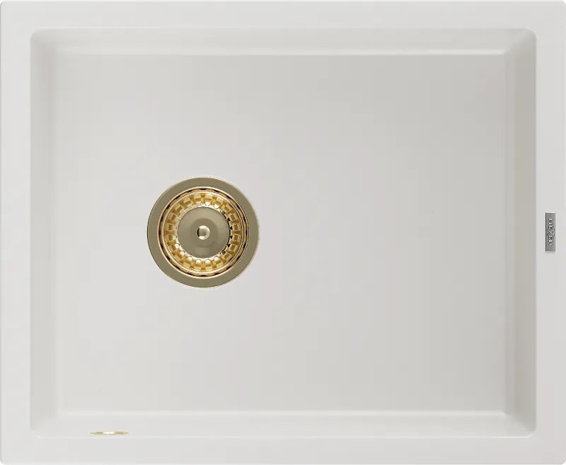 Mexen Pedro granitenspoelbak 1-komor, 560 x 460 mm, wit, gouden sifon - 6508561000-20-G