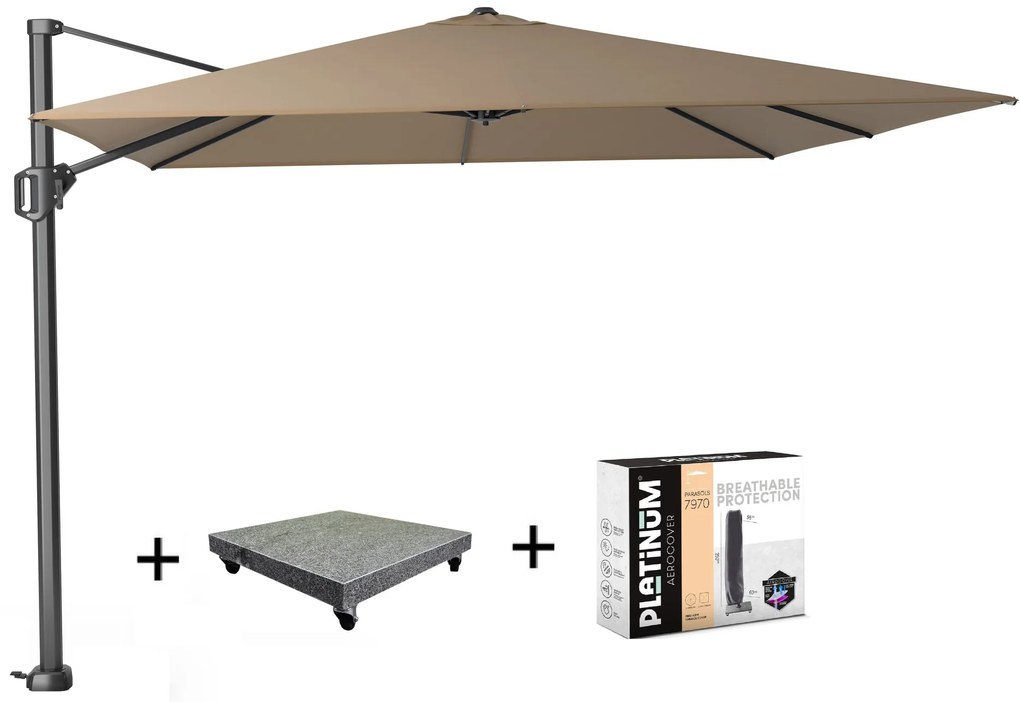 Challenger T1 zweefparasol 300x300 cm taupe  met  parasolvoet 90kg en hoes