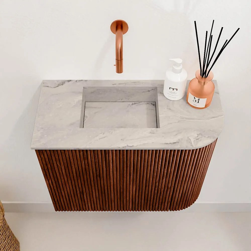 Mondiaz Joya DLux 50cm toiletmeubel ronding rechts ruby met wastafel faye links zonder kraangat glace