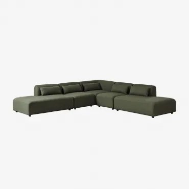 5-delige Modulaire Hoekbank Met Dubbele Chaise Longue Fogler Teddystof Saliegroen - Sklum