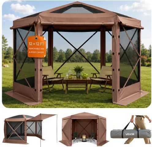 VEVOR Pop-up Paviljoen, 3,6 x 3,6 m, 6-zijdige campingtent met afneembaar dak en draagtas, zonnescherm voor 8-10 personen, partytent voor tuin en terras, bruin