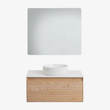 Tedrik Zwevend Badkamermeubelset 80x50 Cm In Essenhout Ash Brown & Rond Keramiek Wit Ø40 Cm Lenka & Rechthoekige Led En Anticondens 80x70 Cm Riben -