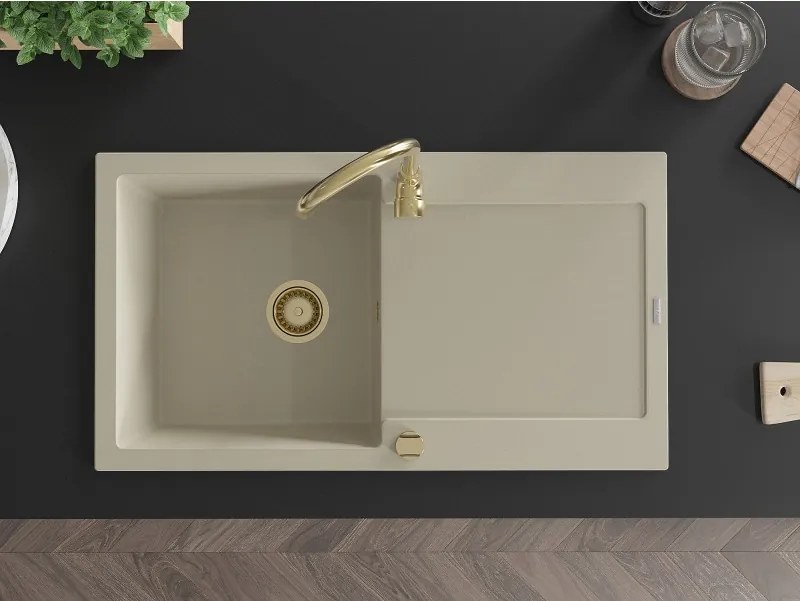 Mexen Leo granieten gootsteen met 1 bak en afdruiprek 900 x 500 mm, beige, gouden sifon - 6501901010-69-G