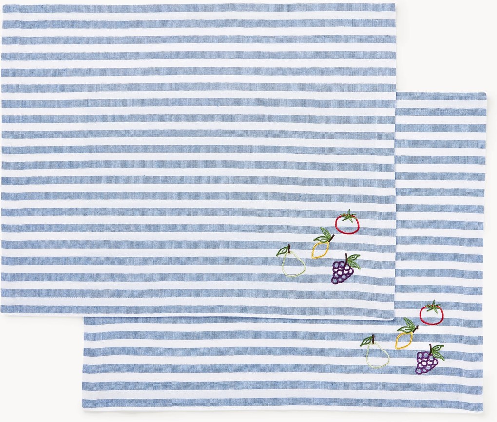 Gestreepte placemats Melony met geborduurde motieven, 2-delig