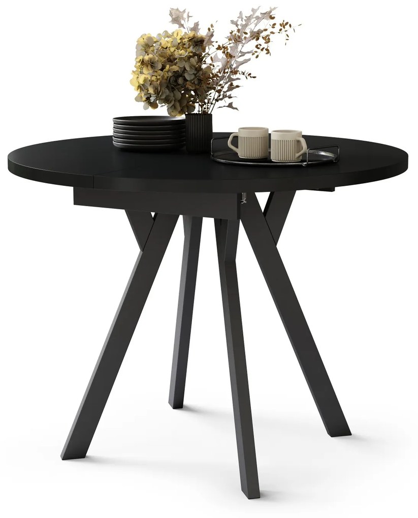 ALMO Zwarte/Zwarte poten - RONDE LOFT/INDUSTRIËLE TAFEL VOOR WOONKAMER/EETKAMER, UITSCHUIFBAAR