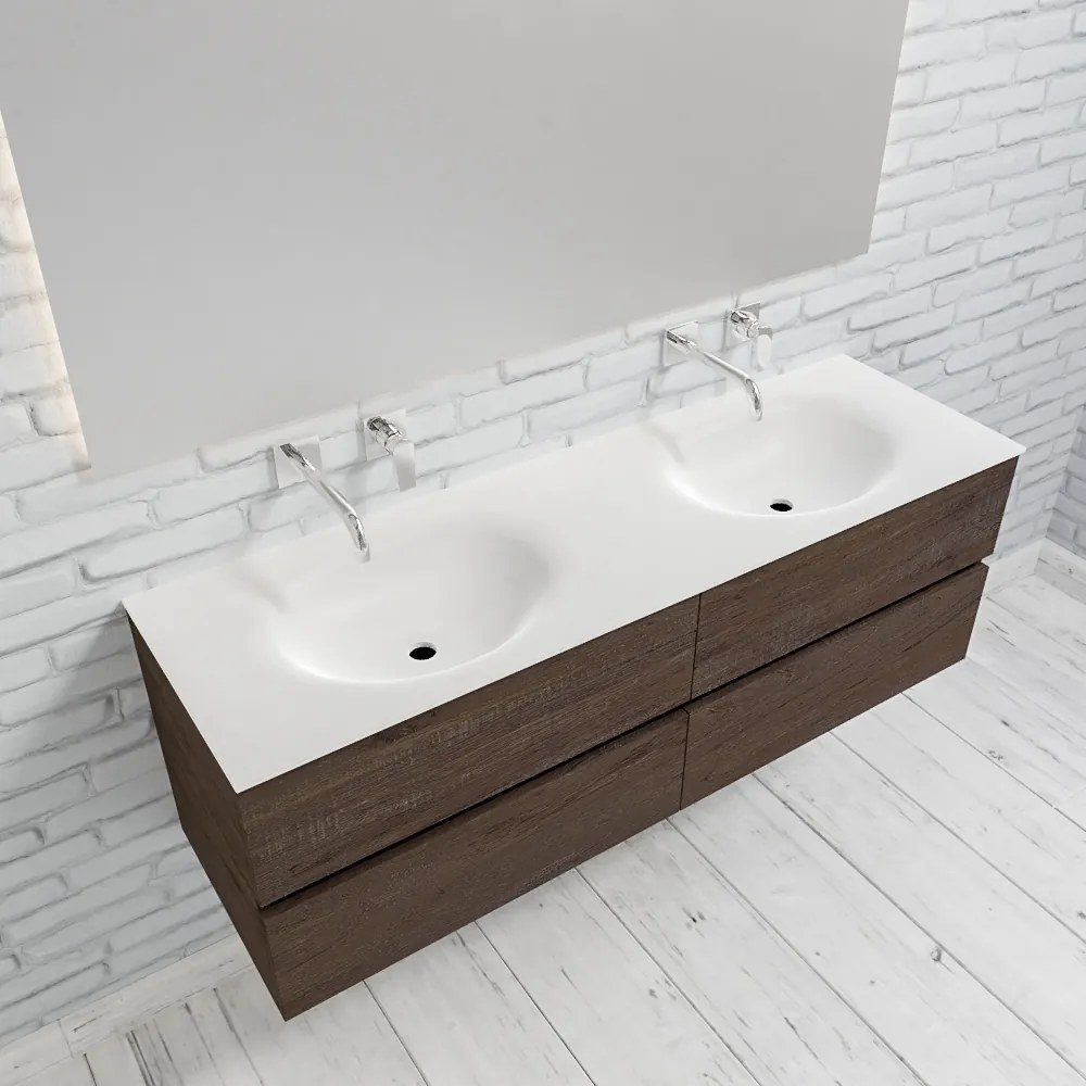 Zaro Sevilla Solid Surface badmeubel 150cm donker eiken zonder kraangat dubbele spoelbak met 4 lades