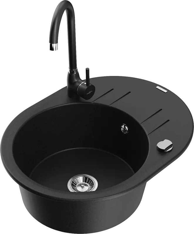 Mexen Kevin granieten gootsteen 1-kompartment met afdruiprek en keukenmengkraan Telma, zwart - 6517-77-670200-70