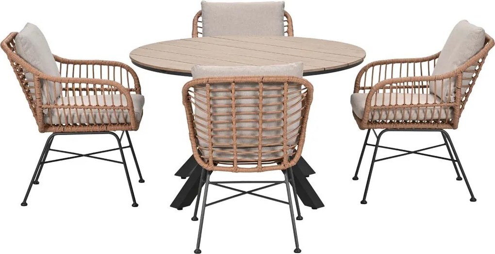 Garden Impressions Lucas tuinset bruin 5-delig - Tulli tuintafel light teak look Ø122 cm