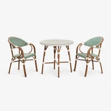 Set Ronde Tafel Ø80 Cm En 2 Stapelbare Tuinstoelen Met Aluminium Armleuningen Brielle Bistro Groen – Kool - Gardenia Wit - Sklum