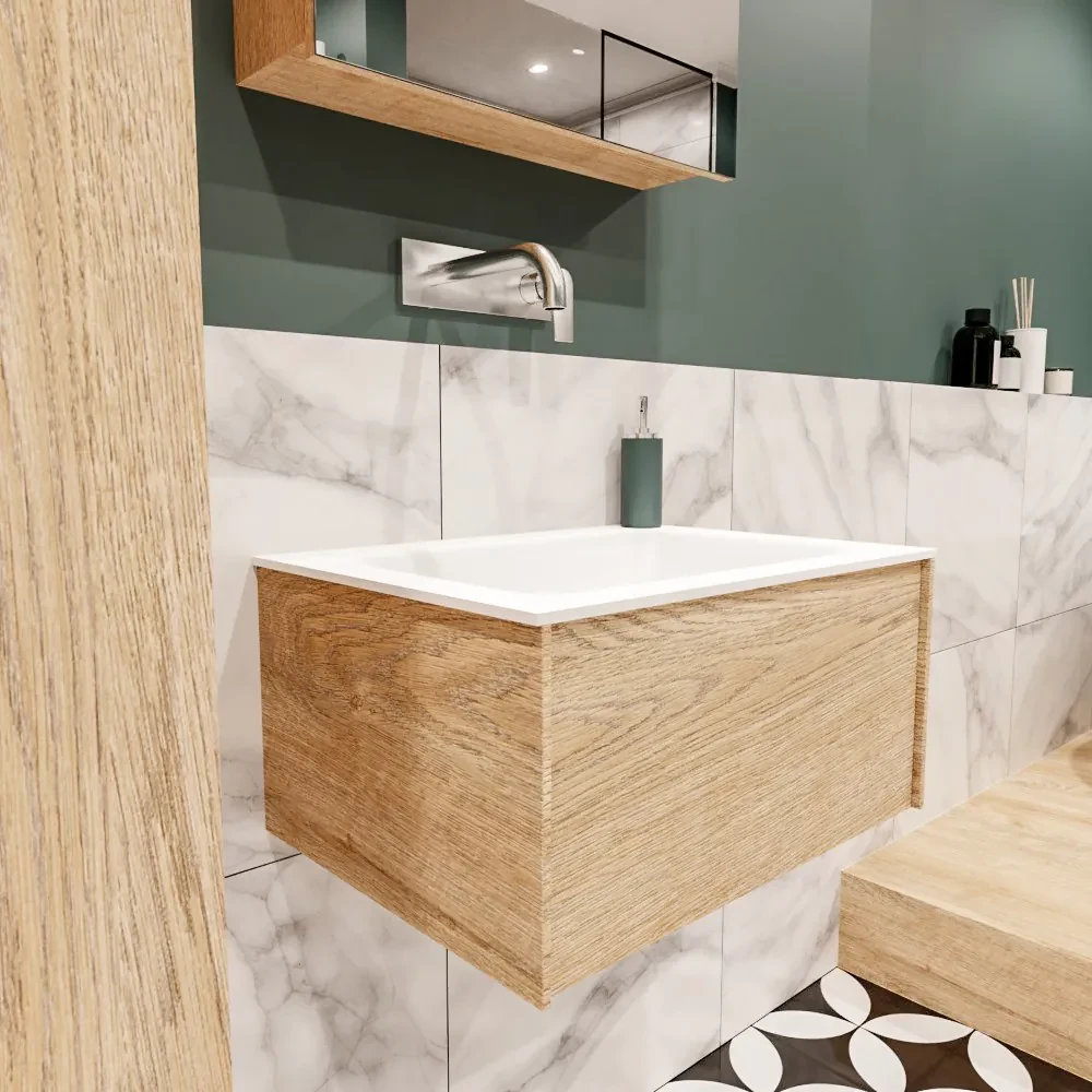 Lush onderkast 60cm in kleur WASHED OAK met 1 lade Push tot open geschikt voor gecentreerde wastafel. Compleet met solid surface wastafel cloud M35111met 0 kraangat(en)