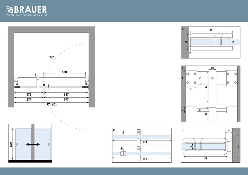 Brauer Void profielloze nisdeur 100cm met draaideur 60cm aan muur RVS geborsteld PVD