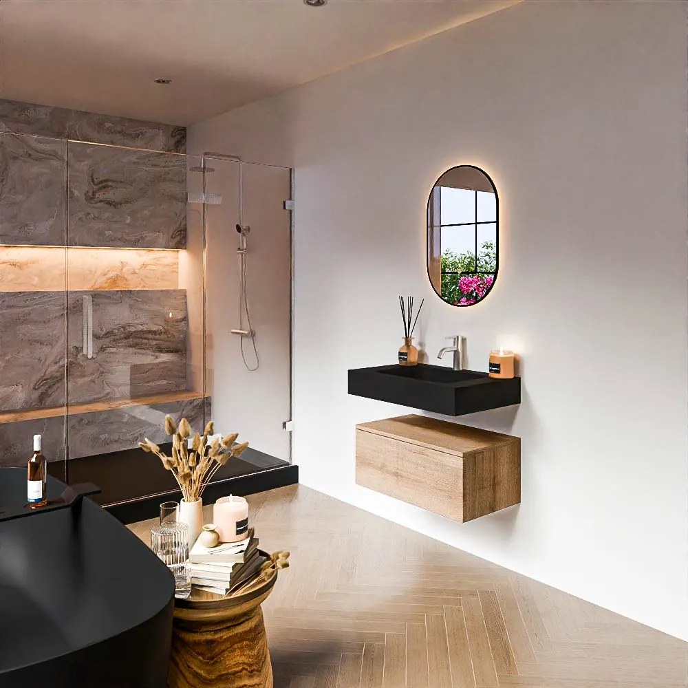 Zaro Alan badmeubel 70cm washed oak 1 lade met vrijhangende wastafel cloud midden 1 kraangat urban