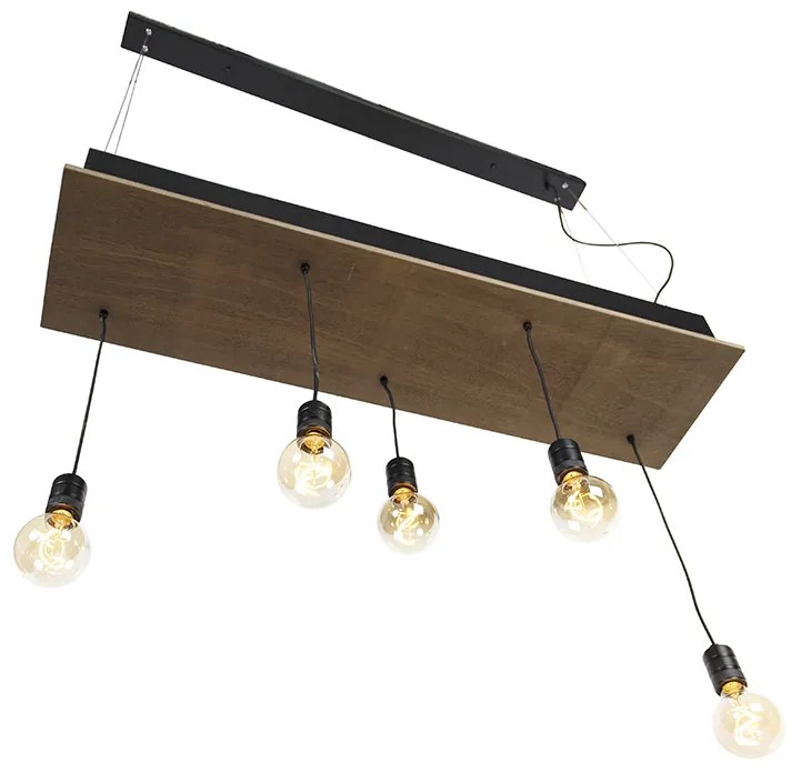 Landelijke hanglamp zwart met hout 5-lichts - Flair