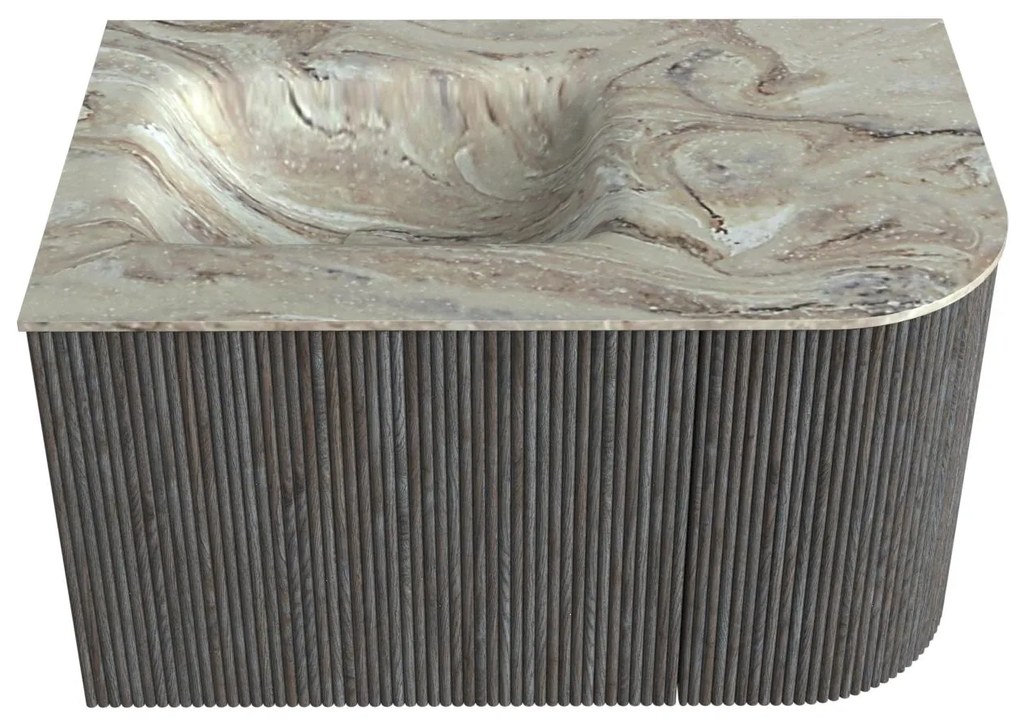 Mondiaz Kurve-dlux 75cm badmeubel ronding rechts shadow met 1 lade en deur en wastafel grunne links zonder kraangat glace
