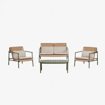 Tuinset Met 2-zitsbank, 2 Fauteuils En Salontafel Van Aluminium En Synthetisch Riet Duroli Groen – Intens Olijf - Sklum