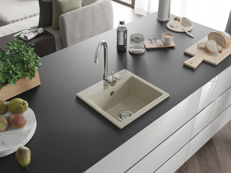 Mexen Milo granit gootsteen 1-bak 435 x 410 mm, beige, verchroomde sifon - 6505441000-69