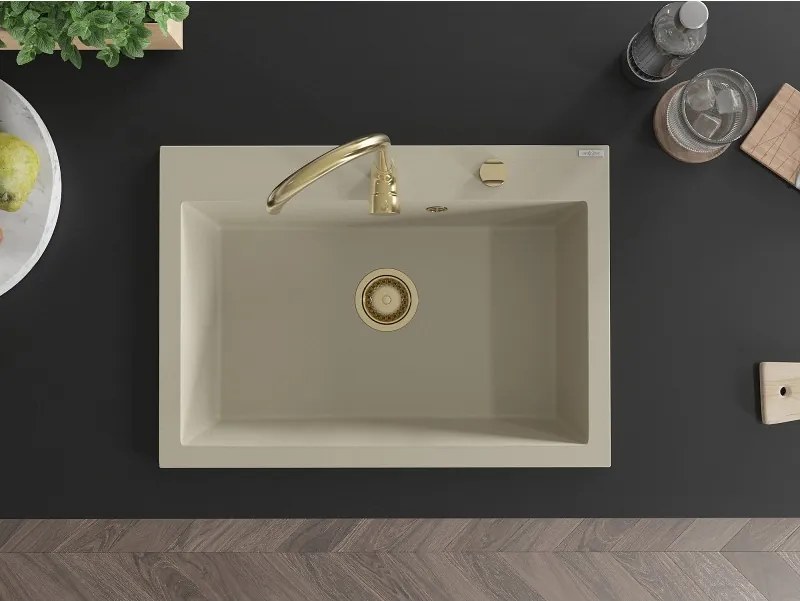 Mexen Elix granieten spoelbak 1-kamer 700 x 500 mm, beige, gouden sifon - 6526701005-69-G